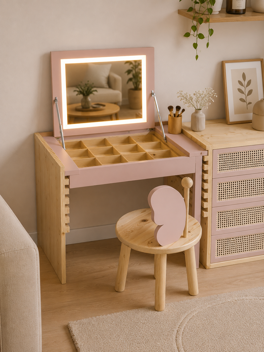 Tocador + Silla Infantil Congala con Espejo y Luces Led Color RosadoDuna TU MESITA