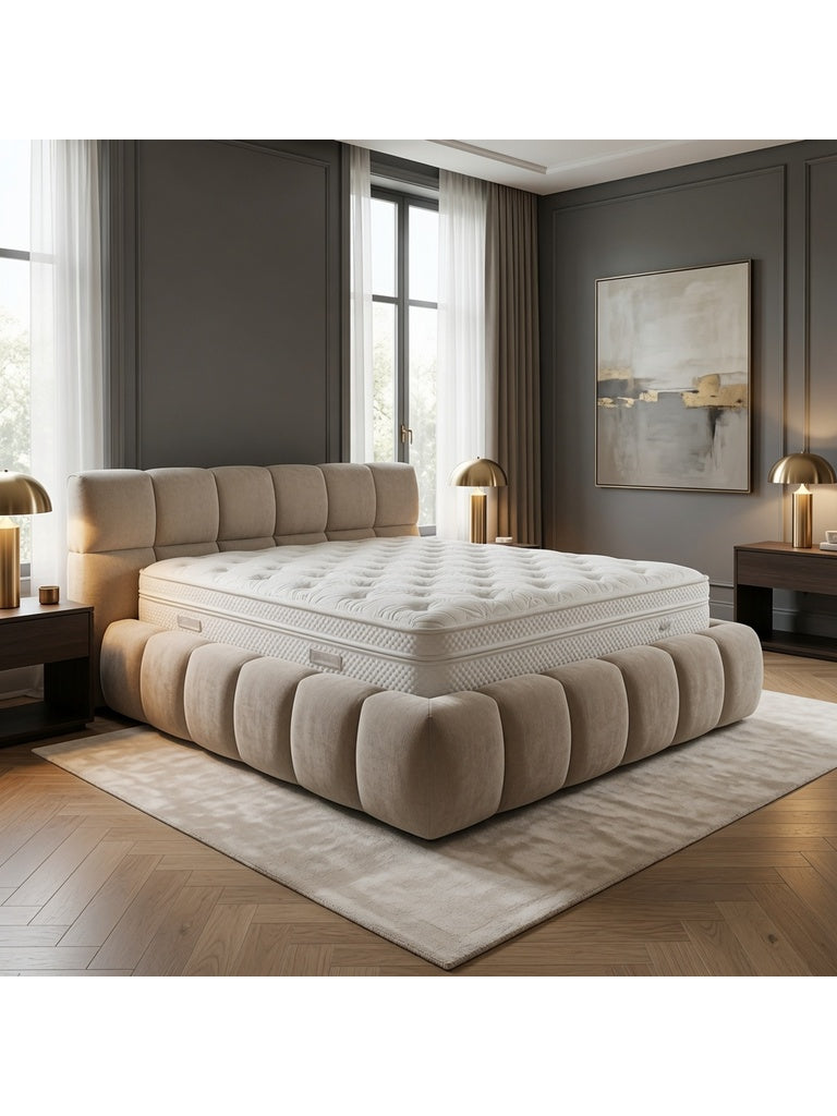 Cama Box Kiara 2 Plazas Beige Sofisticado Tarima + Cabecera TU MESITA