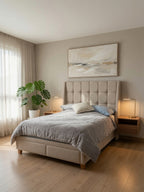 Cama Box Amelie Clasic 2 Plazas Beige Minimalista Tarima + Cabecera