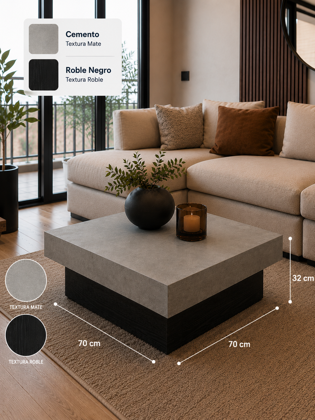 Mesa de Centro Moderna Nero TU MESITA Cemento y Roble Negro