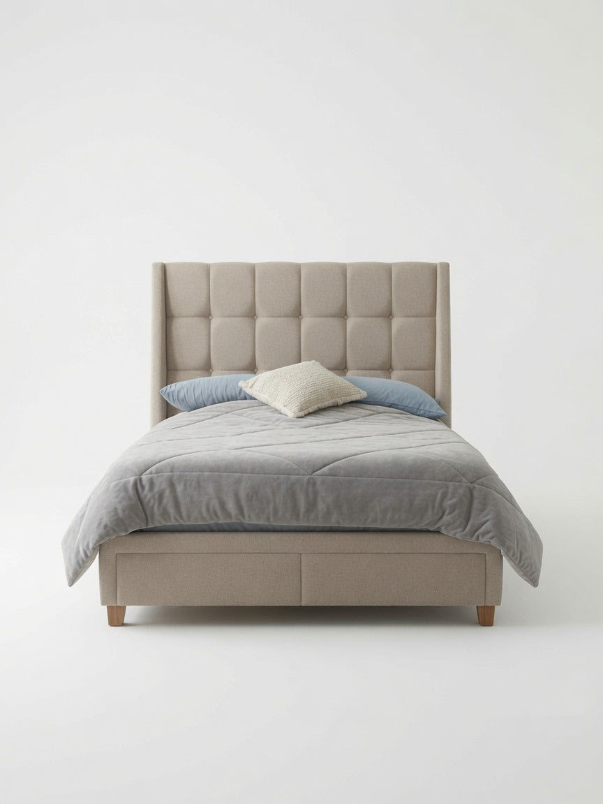 Cama Box Amelie Clasic 2 Plazas Beige Minimalista Tarima + Cabecera