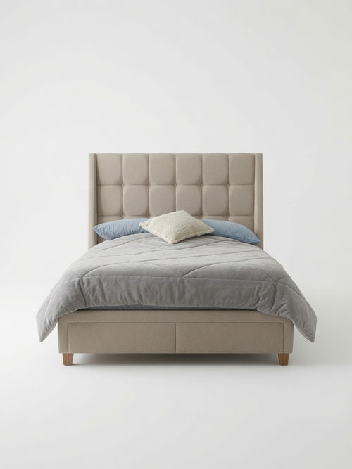 Cama Box Amelie Clasic 2 Plazas Beige Minimalista Tarima + Cabecera
