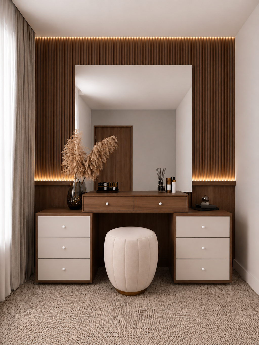 Tocador Moderno Kari TU MESITA con Espejo XL y Wallpanel Listonado Catania y Capri