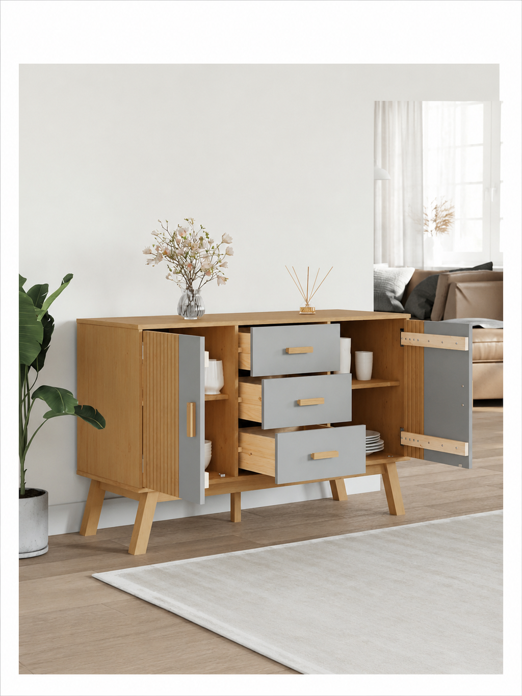 Aparador Moderno Hilary color Haya/Gris TU MESITA 2 puertas 3 cajones