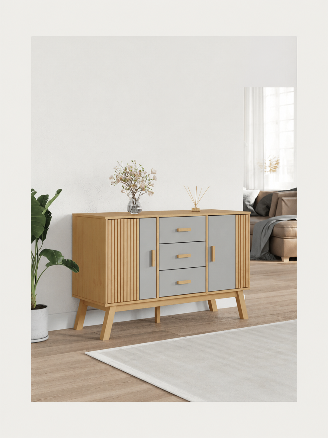 Aparador Moderno Hilary color Haya/Gris TU MESITA 2 puertas 3 cajones
