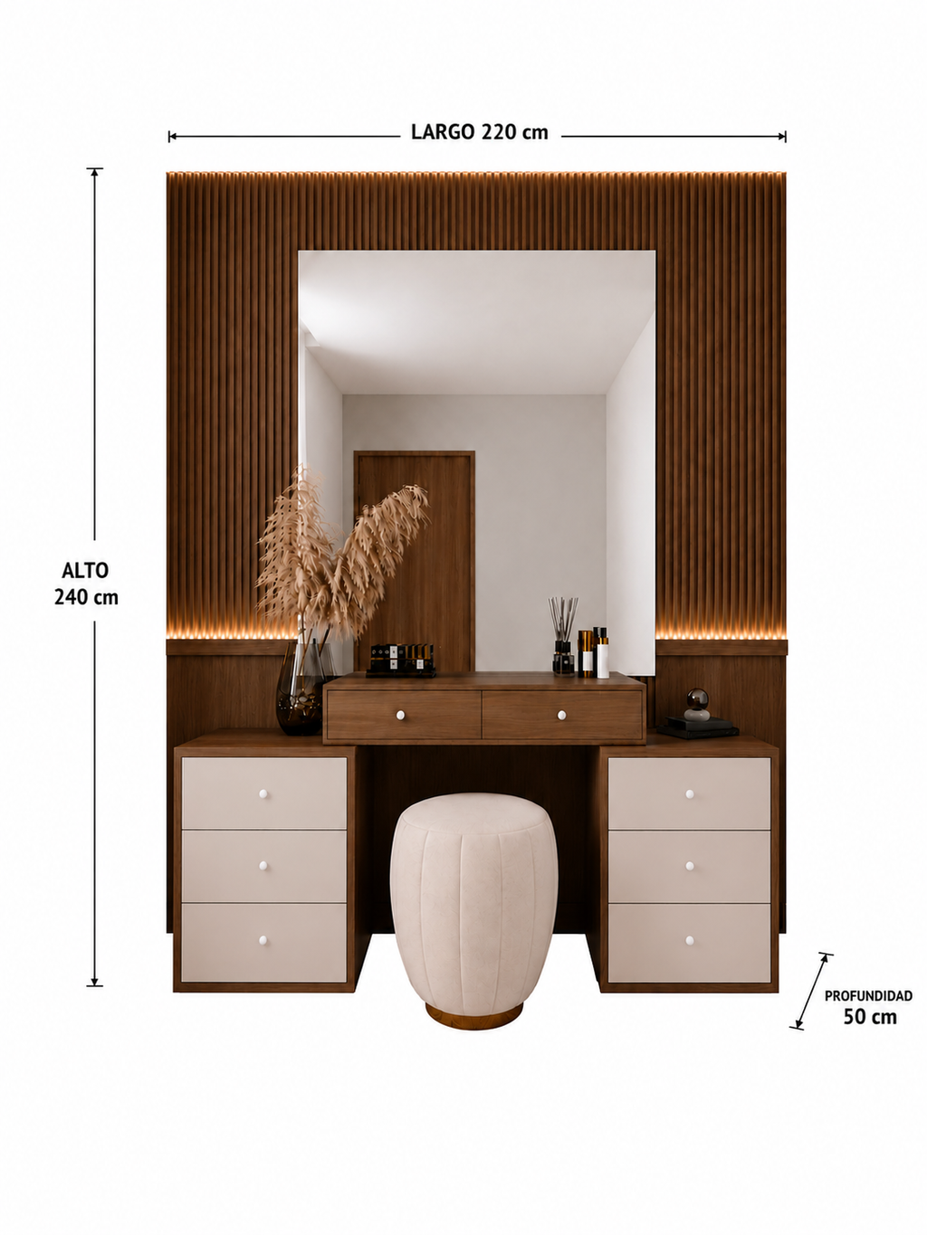 Tocador Moderno Kari TU MESITA con Espejo XL y Wallpanel Listonado Catania y Capri