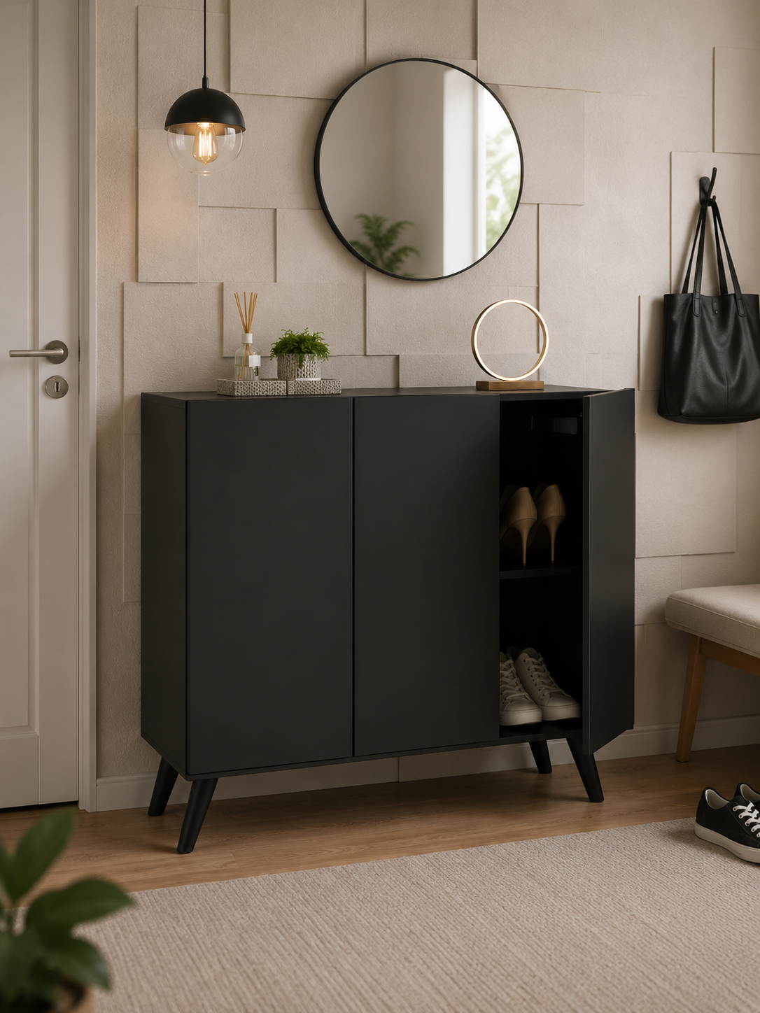 ZAPATERA TU MESITA NINA NEGRO MODERNA 3 PUERTAS