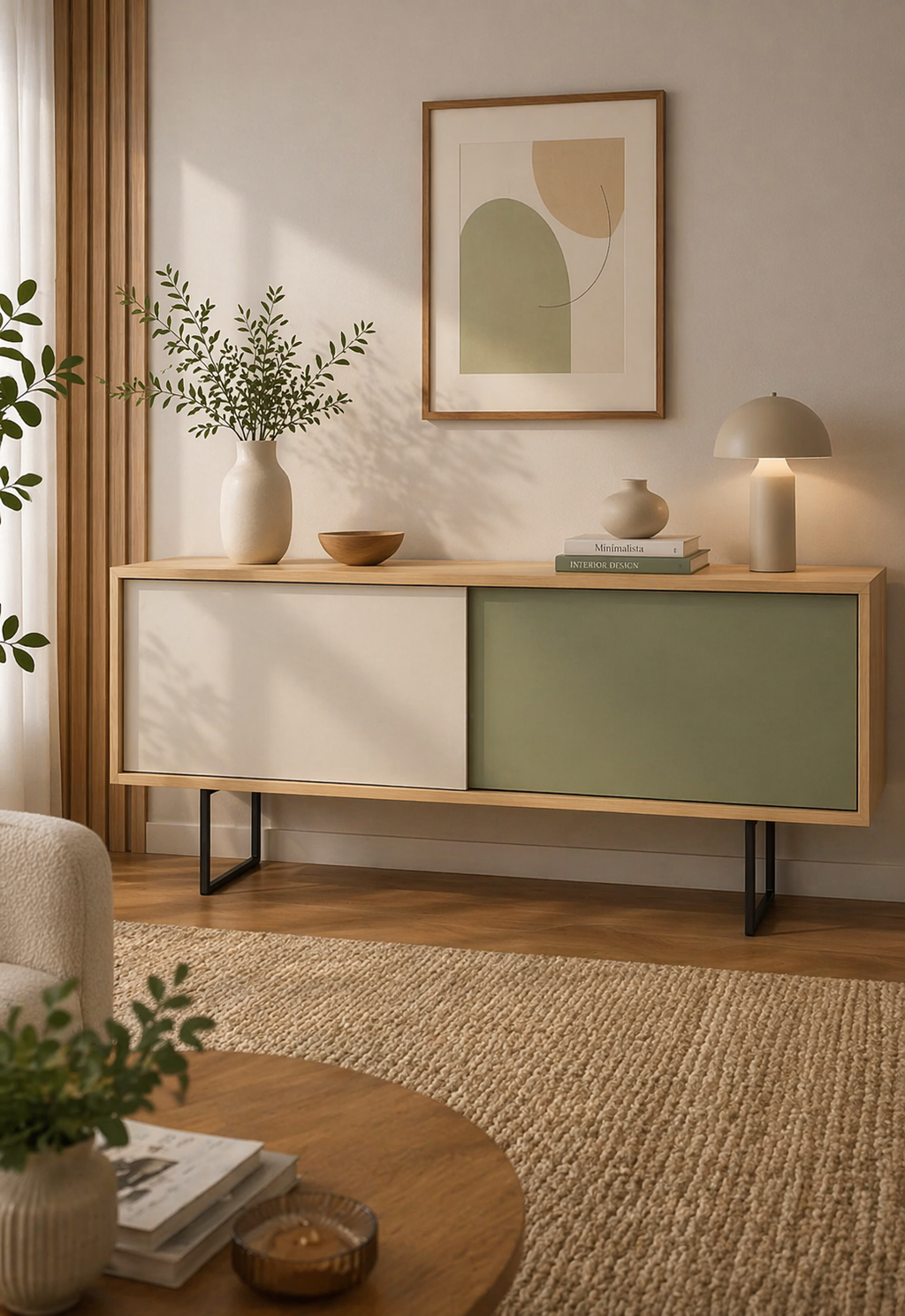 Aparador Aura TU MESITA en Rovere,Blanco y Agave con Patas Metálicas Canto Delgado