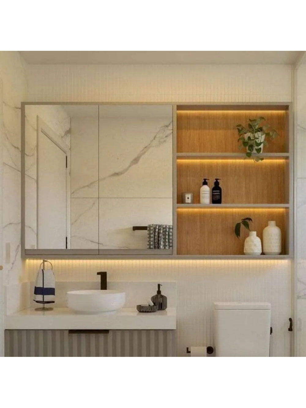 Mueble de Baño Flotante con Espejo y Luces Led Bennett Color TaupeRoble Buralo TU MESITA