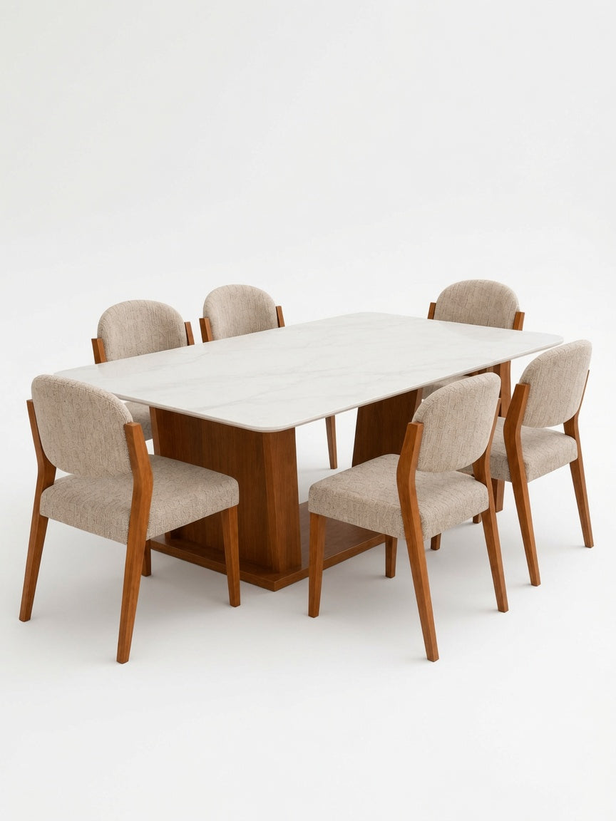 Juego De Comedor 6 Sillas TU MESITA Bianca Aesthetic En Madera Natural Con Piedra Sinterizada