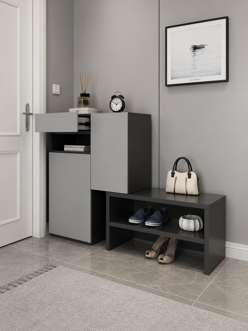 Zapatera con Gabinete Lucio color Gris/Negro TU MESITA