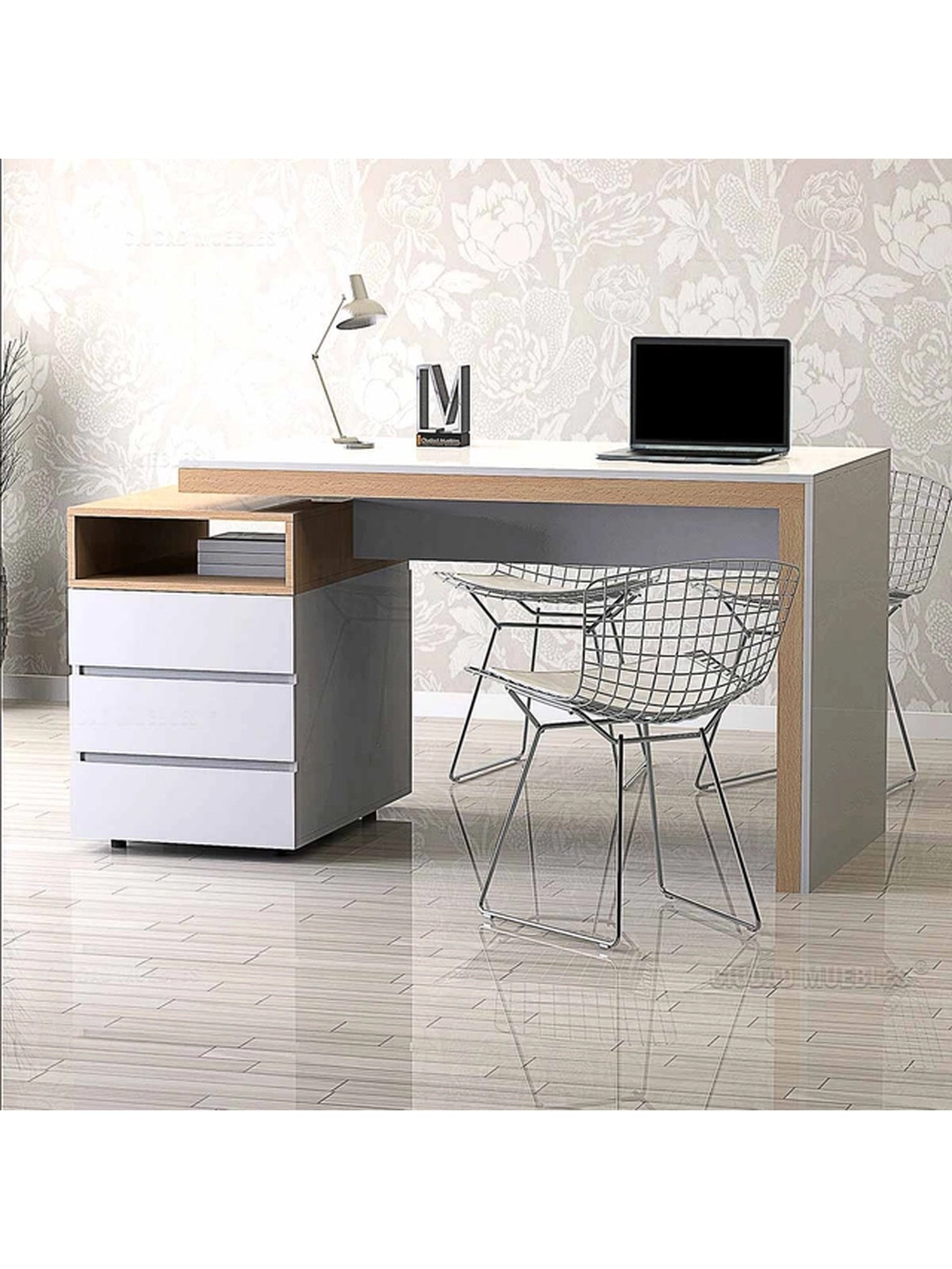 ESCRITORIO TU MESITA Y ARCHIVERO DOBLE CARA PREMIUM BLANCO CON HAYA