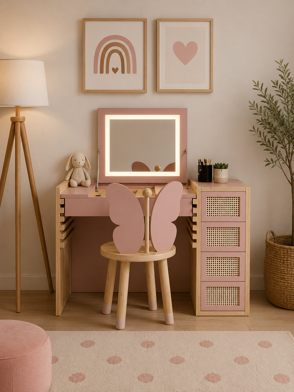 Tocador + Silla Infantil Congala con Espejo y Luces Led Color RosadoDuna TU MESITA