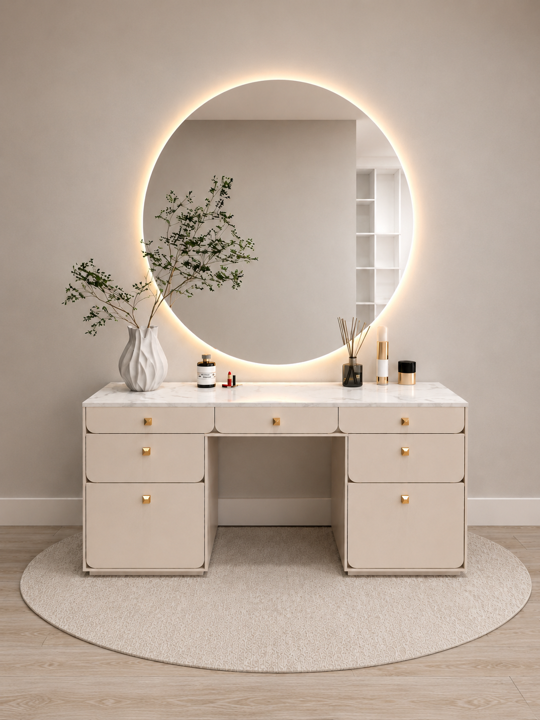 Tocador Luxury Ori con Espejo Retroiluminado y Mesada de Melamina tipo Marmol TU MESITA