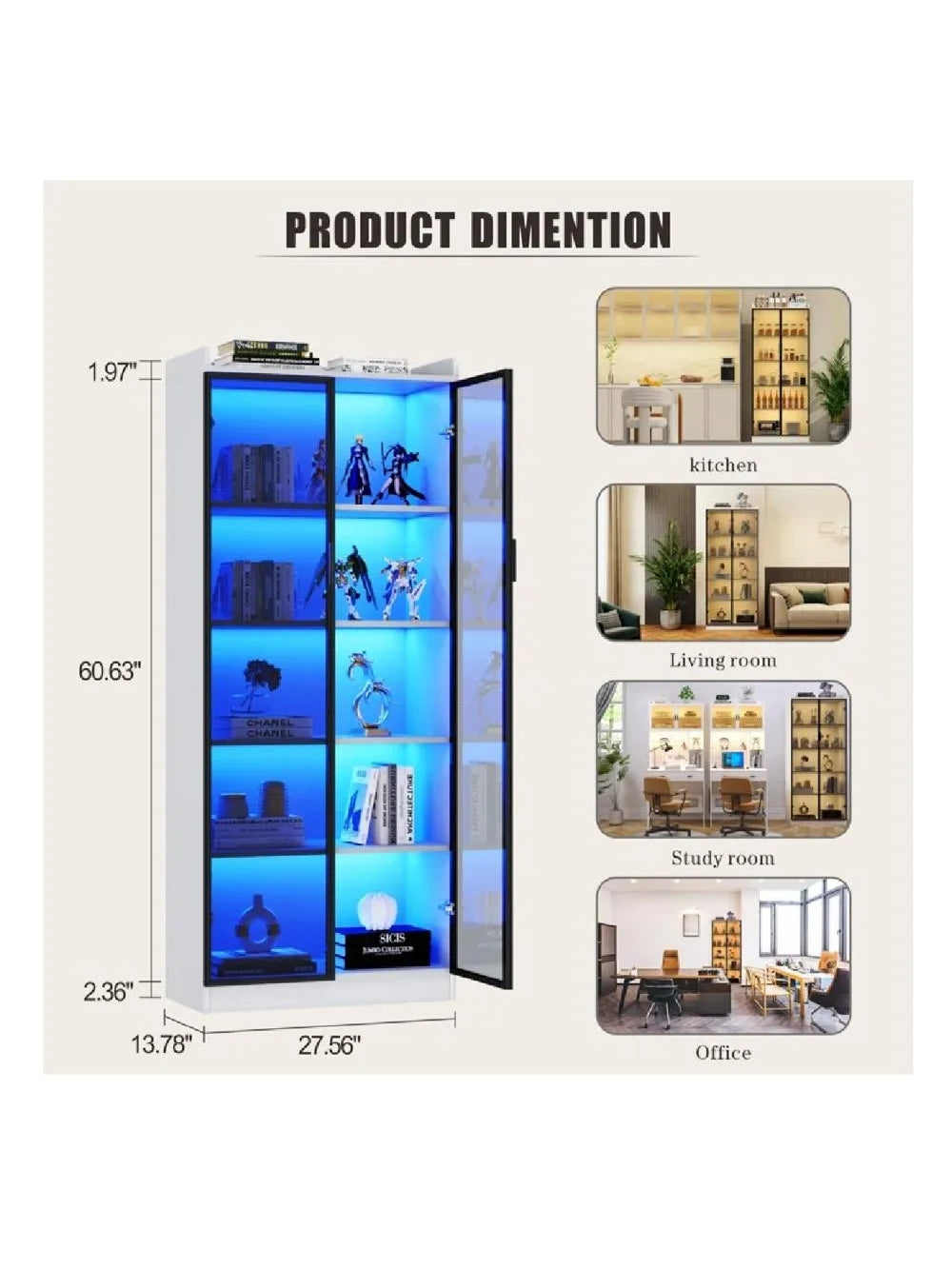 VITRINA MULTIUSOS TU MESITA GINA COLOR BLANCO 2 PUERTAS LUZ LED