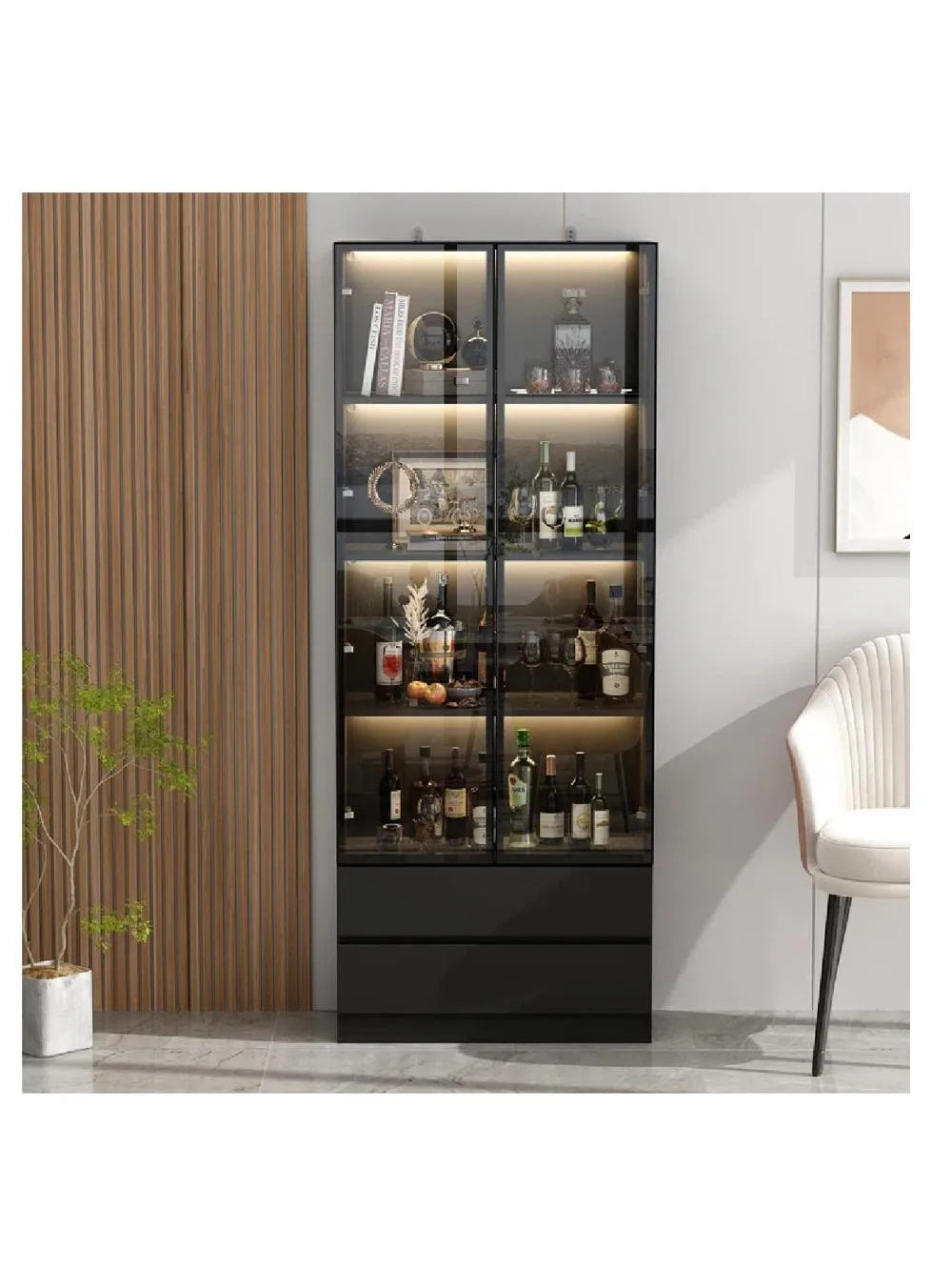 Vitrina Clásica TU MESITA Giorgia color Negro 2 puertas 2 cajones luz LED