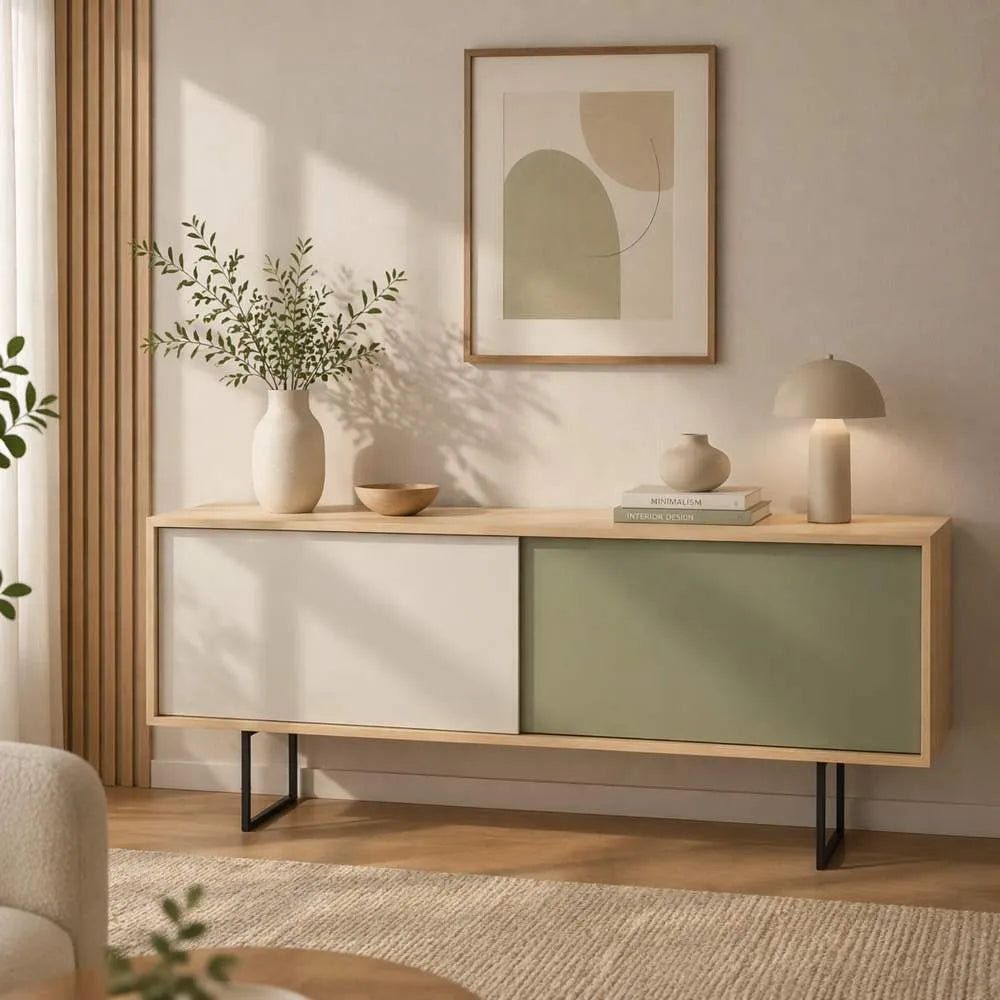 Aparador Aura TU MESITA en Rovere,Blanco y Agave con Patas Metálicas Canto Delgado
