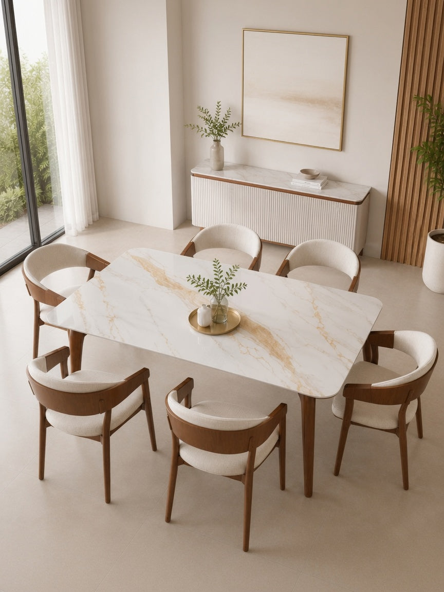 Juego De Comedor 6 Butacas TU MESITA Roma Clásica En Madera Con Piedra Sinterizada