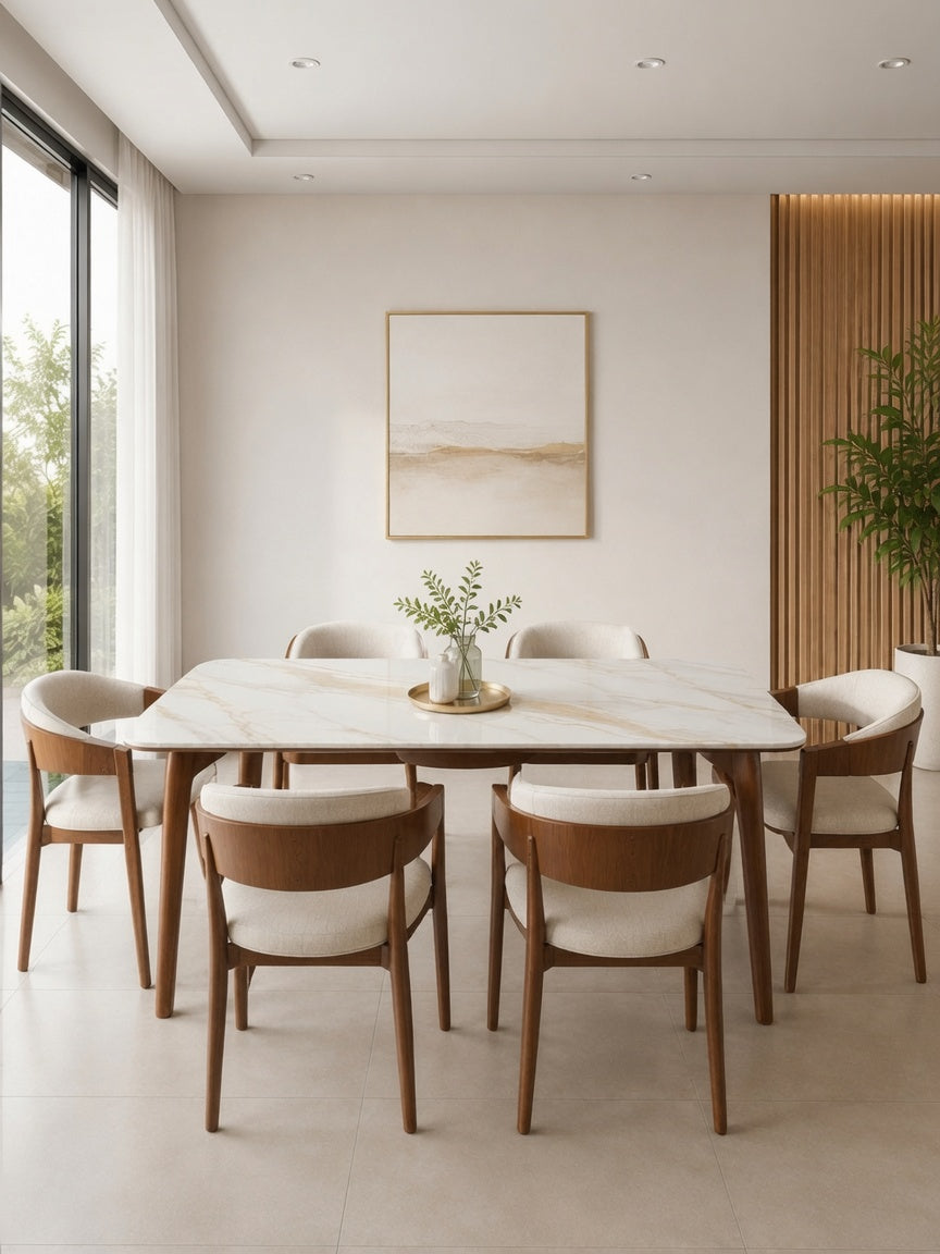 Juego De Comedor 6 Butacas TU MESITA Roma Clásica En Madera Con Piedra Sinterizada