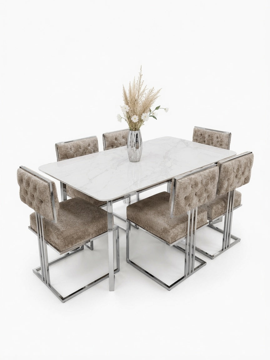 Juego de Comedor Deluxe Acero Inoxidable y Piedra Sinterizada 6 Sillas