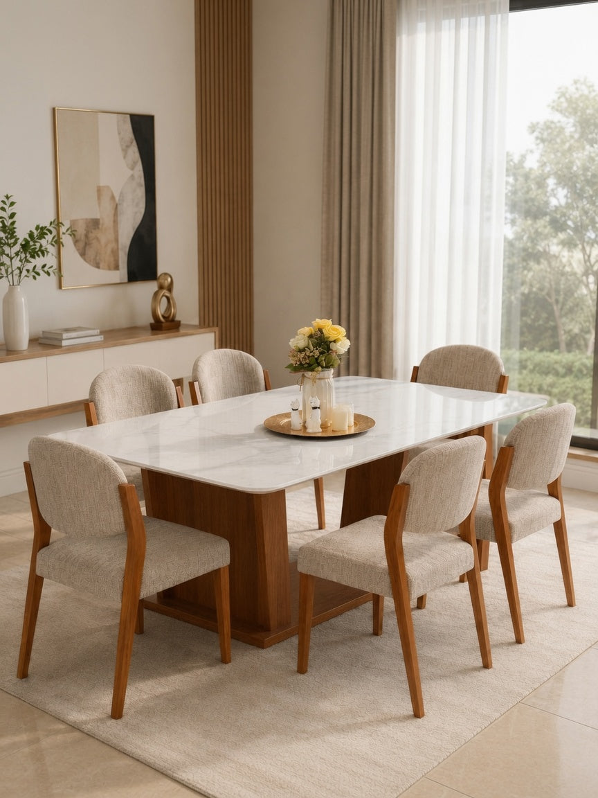 Juego De Comedor 6 Sillas TU MESITA Bianca Aesthetic En Madera Natural Con Piedra Sinterizada