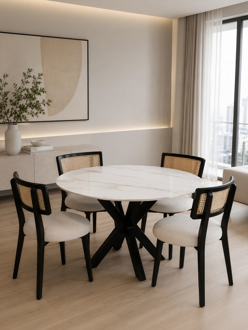 Juego de Comedor Madera y Piedra Sinterizada 4 Sillas con Ratán