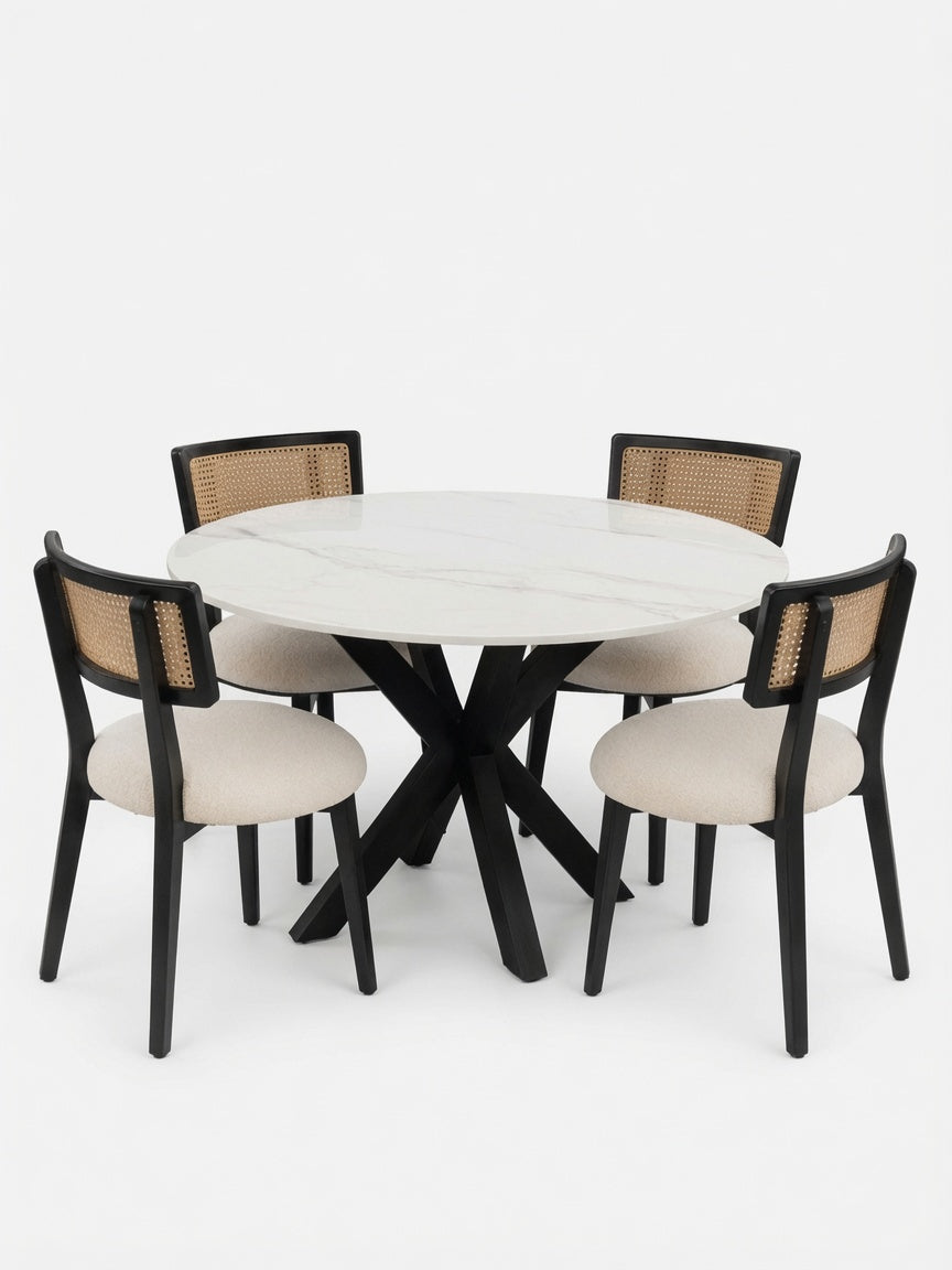 Juego de Comedor Madera y Piedra Sinterizada 4 Sillas con Ratán