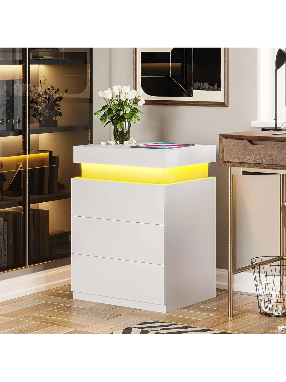 Velador Mesa de Noche Tamaris Blanco con luces LED TU MESITA 3 cajones
