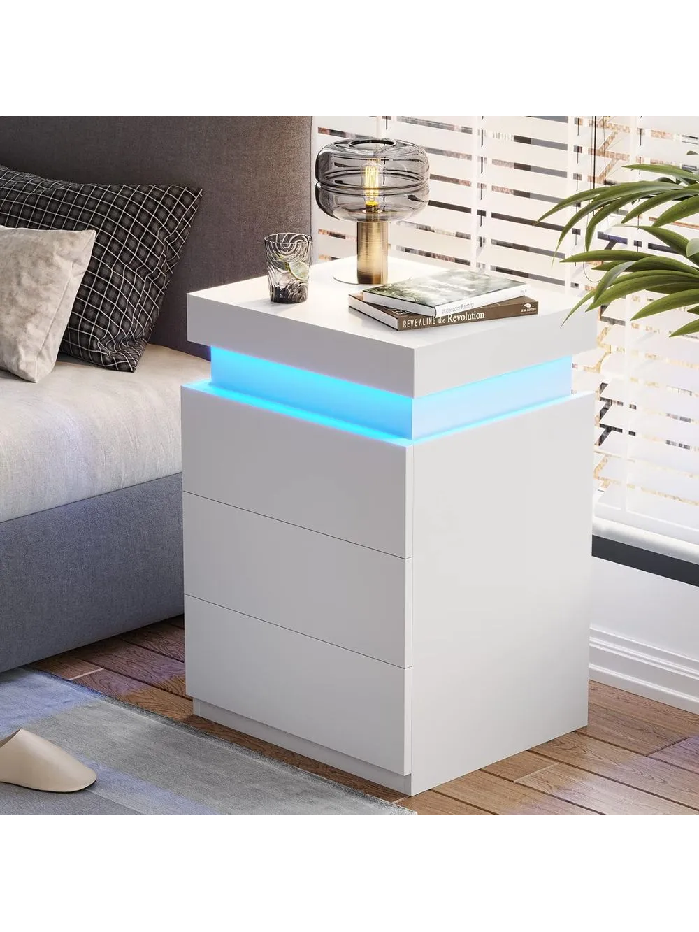 Velador Mesa de Noche Tamaris Blanco con luces LED TU MESITA 3 cajones