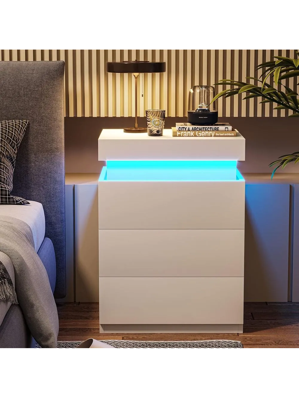 Velador Mesa de Noche Tamaris Blanco con luces LED TU MESITA 3 cajones