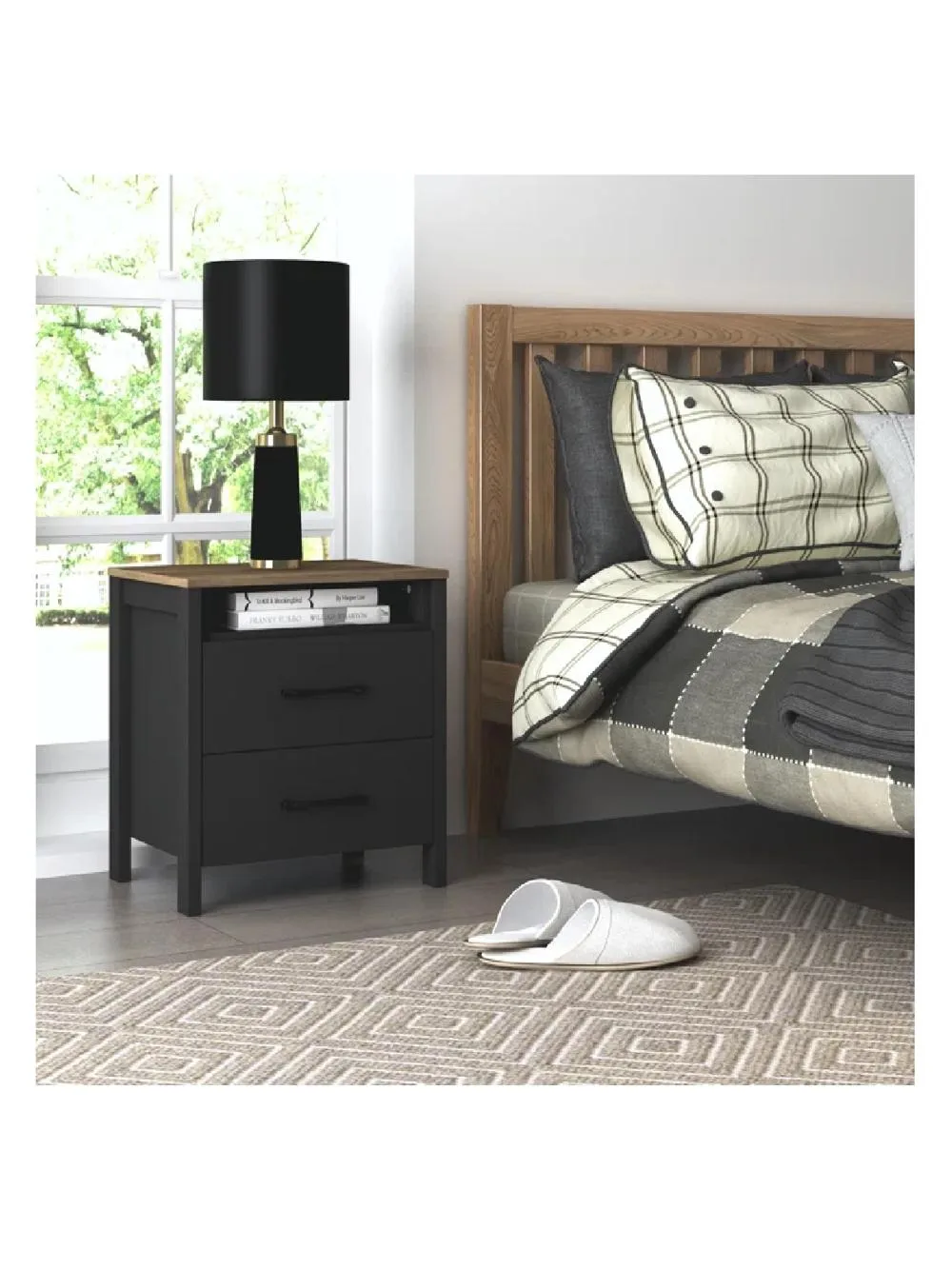 Mesa de Noche Velador Amber TU MESITA color Negro Roble 2 cajones