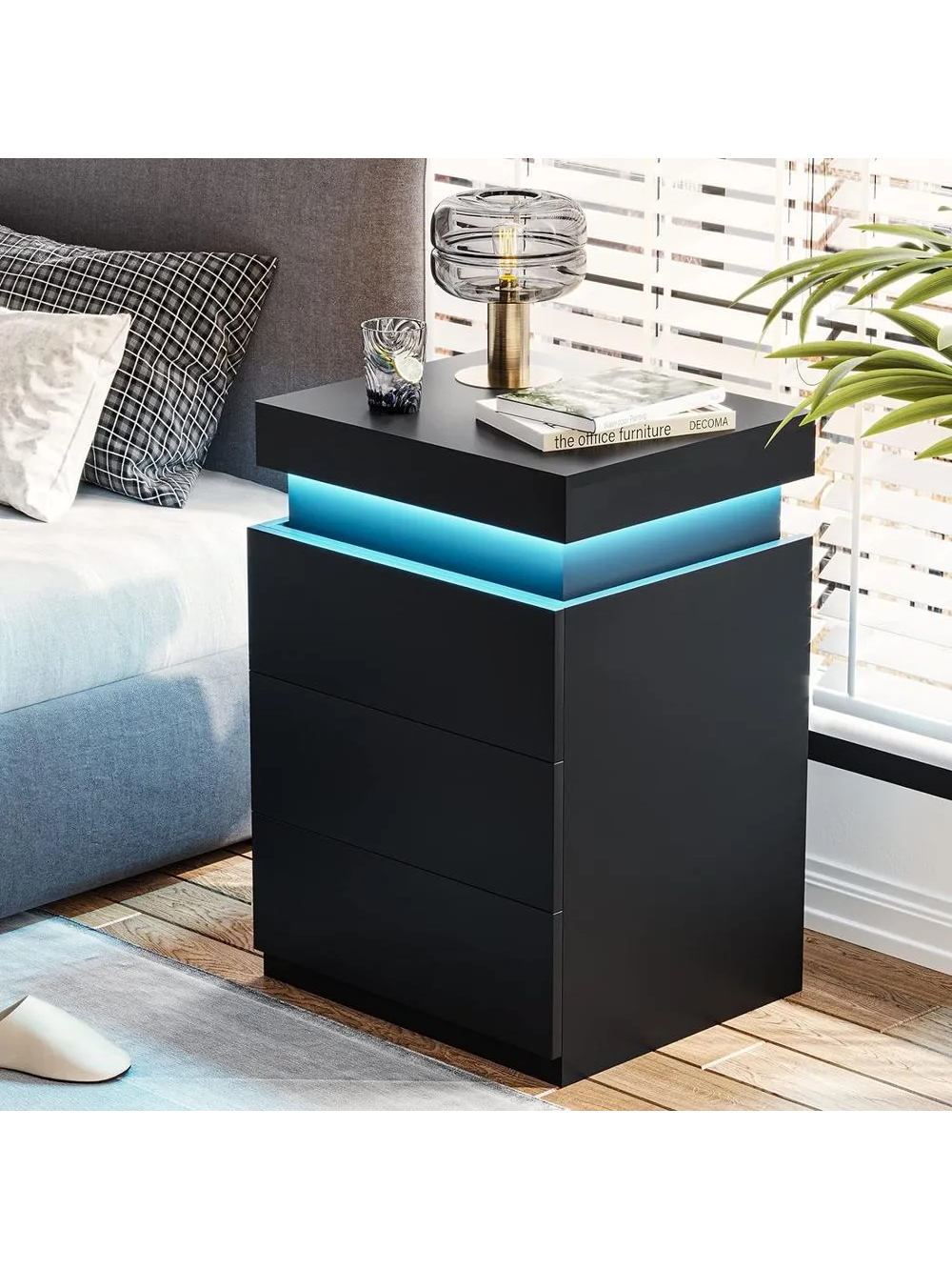 Velador Mesa de Noche Tamaris Negro con luces LED TU MESITA 3 cajones
