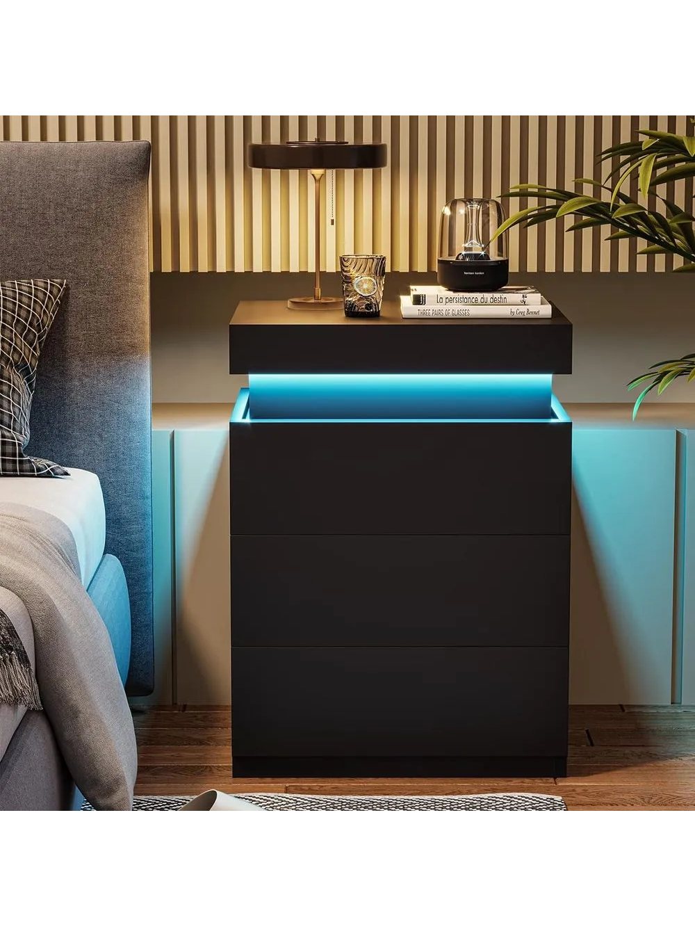 Velador Mesa de Noche Tamaris Negro con luces LED TU MESITA 3 cajones