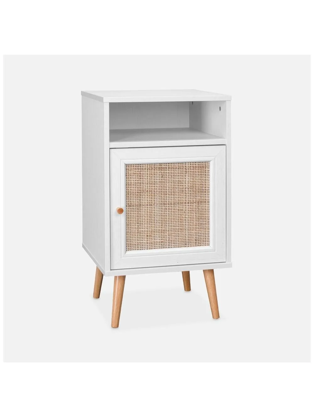 MESA DE NOCHE VELADOR AELU COLOR BLANCO CON REJILLA DE RATAN TU MESITA