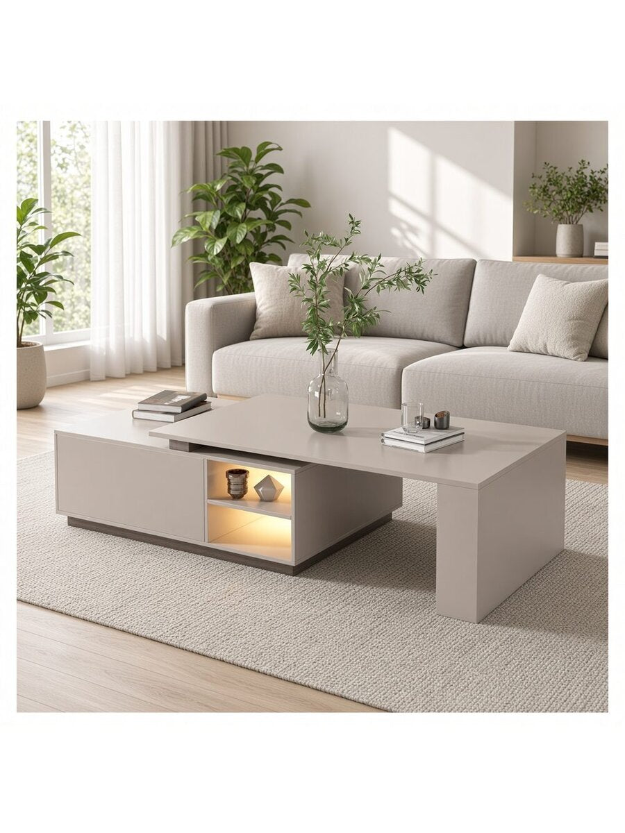 Mesa de Centro Geno Asimétrica con Nicho LED Color Taupé TU MESITA Canto Grueso
