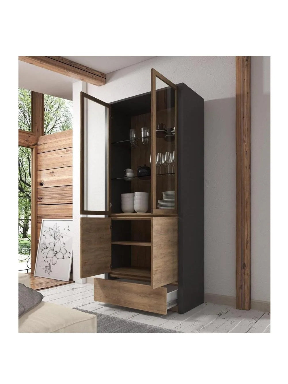 VITRINA ALTA TU MESITA MIRAMAR COLOR NEGRO/MARRÓN 4 PUERTAS 1 CAJÓN