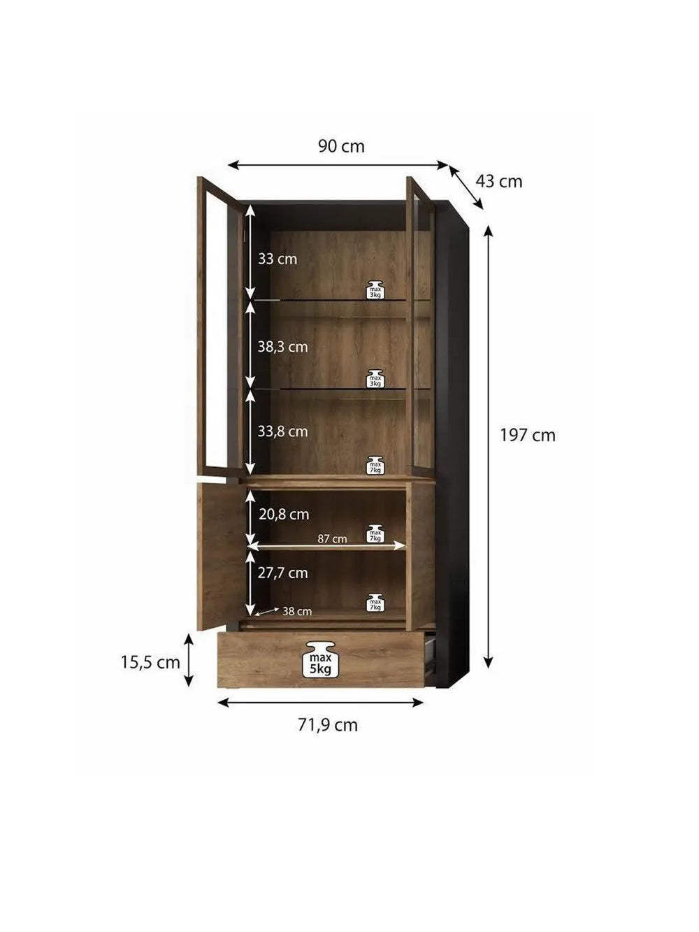 VITRINA ALTA TU MESITA MIRAMAR COLOR NEGRO/MARRÓN 4 PUERTAS 1 CAJÓN
